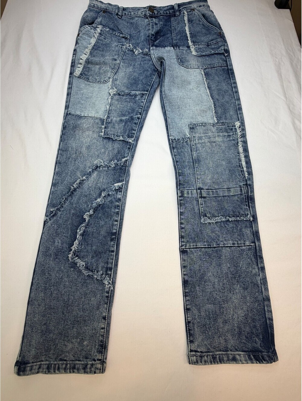 Reason Men's Jeans Straight Relaxed Fit Patchwork Mid Rise Denim Size 32 Blue